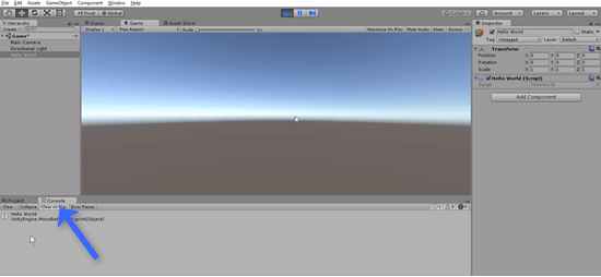 Unity Console with Hello World printed