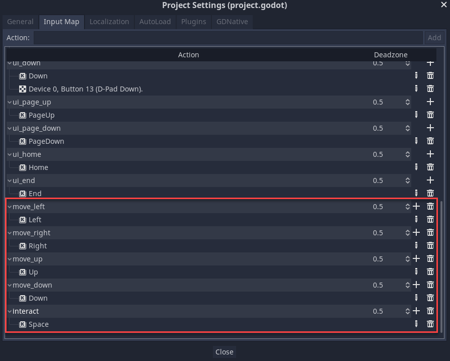 Godot Project Settings window with movement options