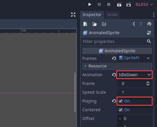 Godot Inspector with AnimatedSprite properties open