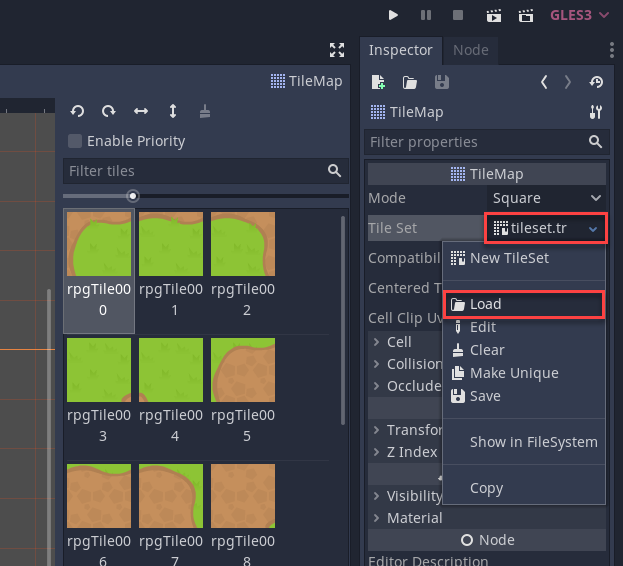 Godot Inspector with TileMap Tile Set being loaded