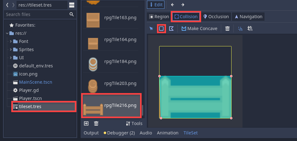 Godot Tileset with collision being added to tile