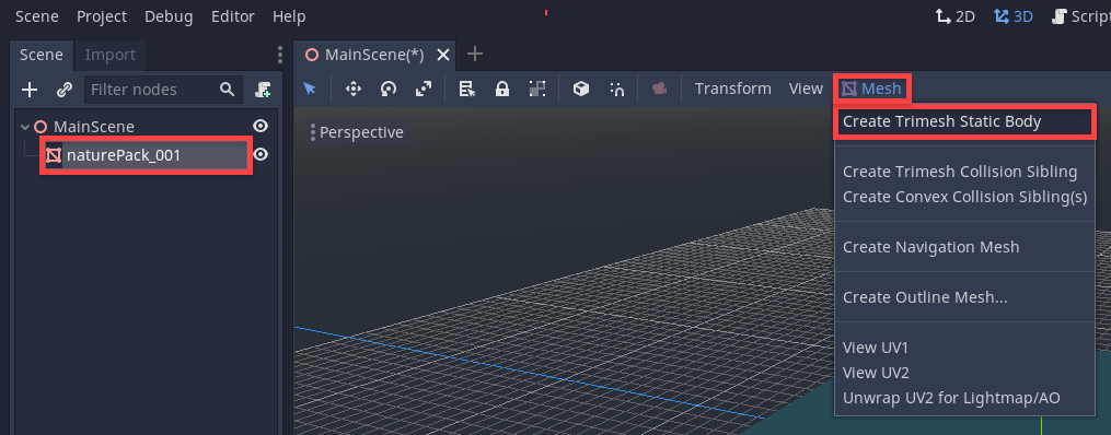 Godot Mesh menu with Create Trimesh Static Body selected