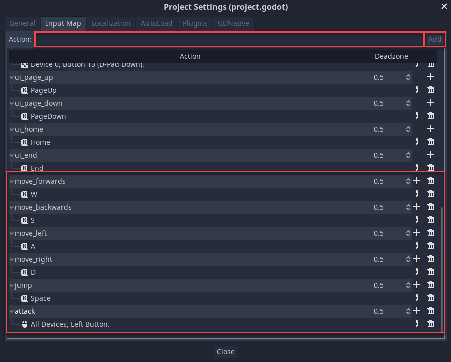 Godot Project Settings window