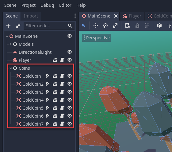 Godot GoldCoin nodes in Scene window