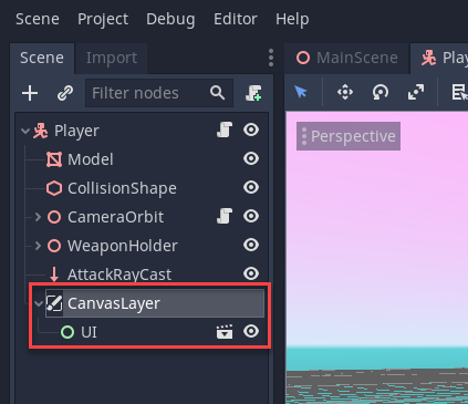 Godot CanvasLayer added to Scene window