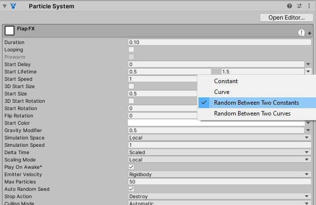 Game feel tutorial - Particles System Random Between Two Constants