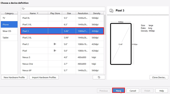 Pixel 3 selected for device definition for Android emulation