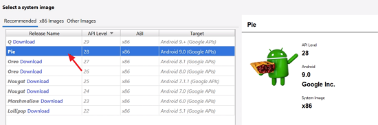 Pie release selected for Android emulation system image