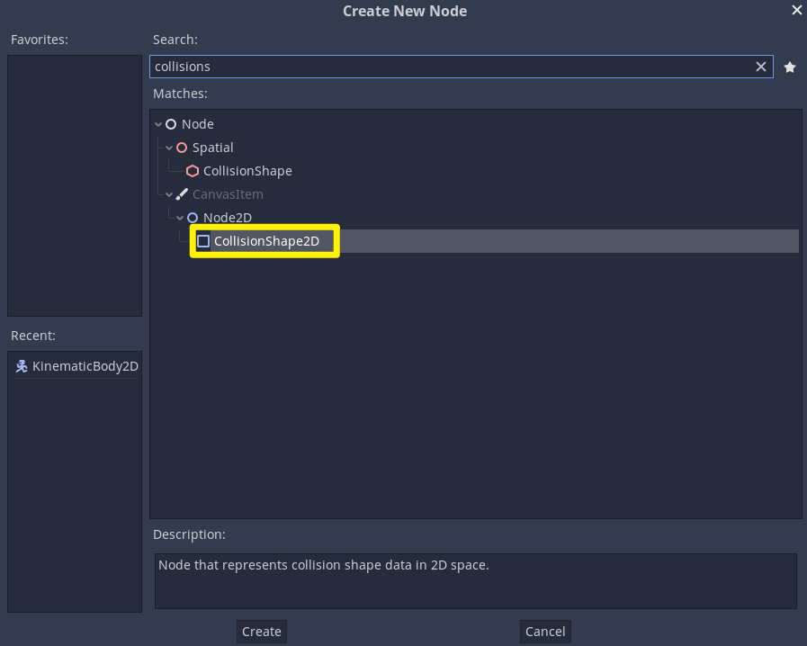 CollisionShape2D selected in Create New Node window