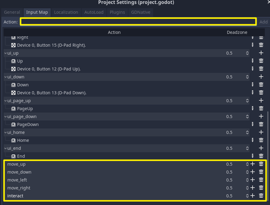 Various direction movements added to Godot Input Map