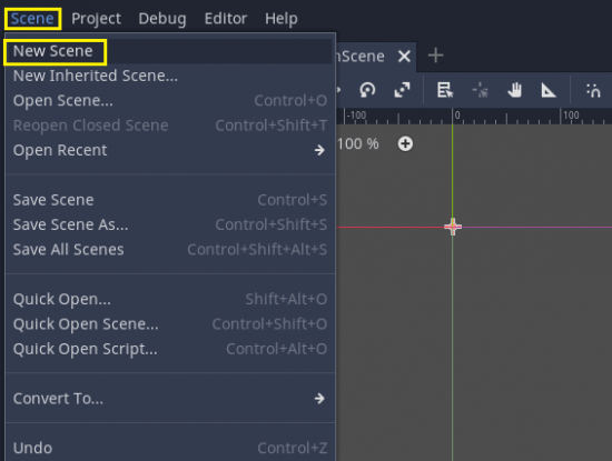 Godot Scene menu with New Scene selected