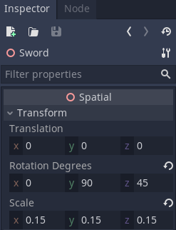 Inspector for sword model in Godot