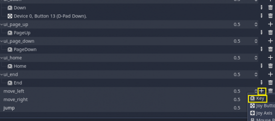 New input move in Godot with Key selected for input