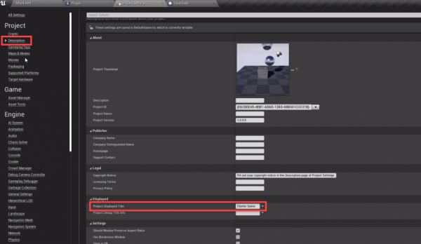 Unreal Engine Project settings window