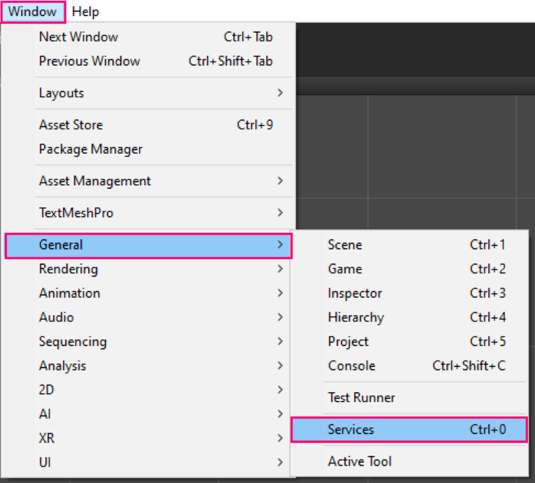 Unity Window > General menu open with Services selected