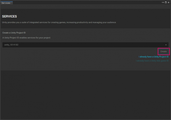 Unity Services screen with Project ID added and Analytics selected Pt1