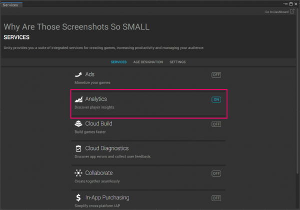 Unity Services screen with Project ID added and Analytics selected Pt2