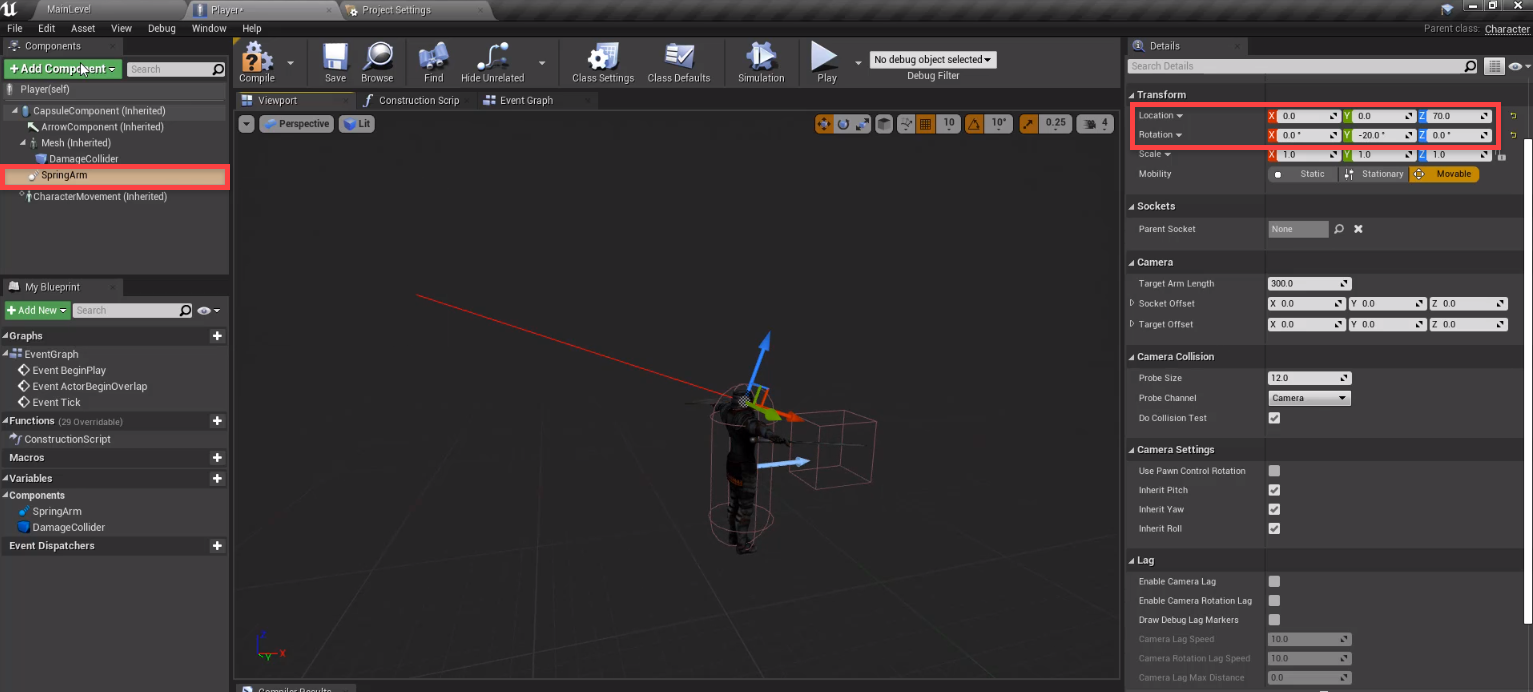 Player in Unreal Engine with SpringArm component added