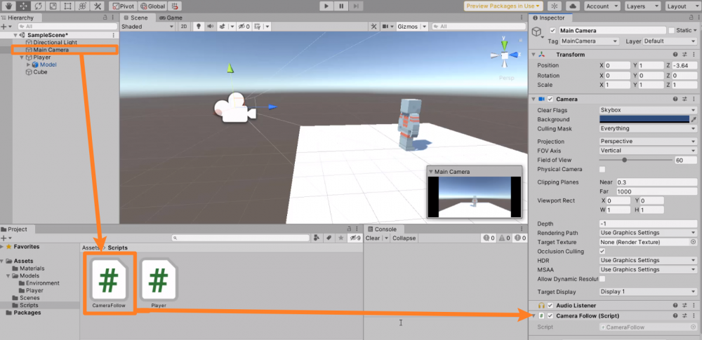 CameraFollow script added to Main Camera in Unity