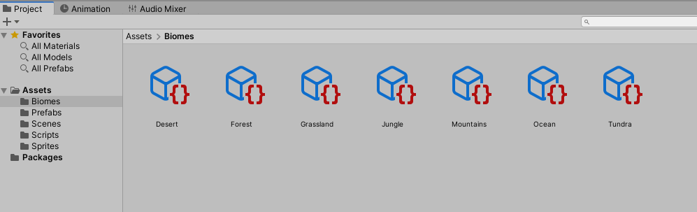 Biomes set up in Unity assets for 2D map generation