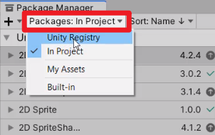 Unity Registry selected from Packages dropdown