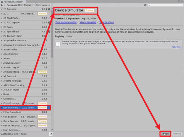 Device Simulator package in Unity Package Manager