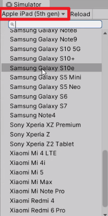 Mobile device options for Unity Simulator view