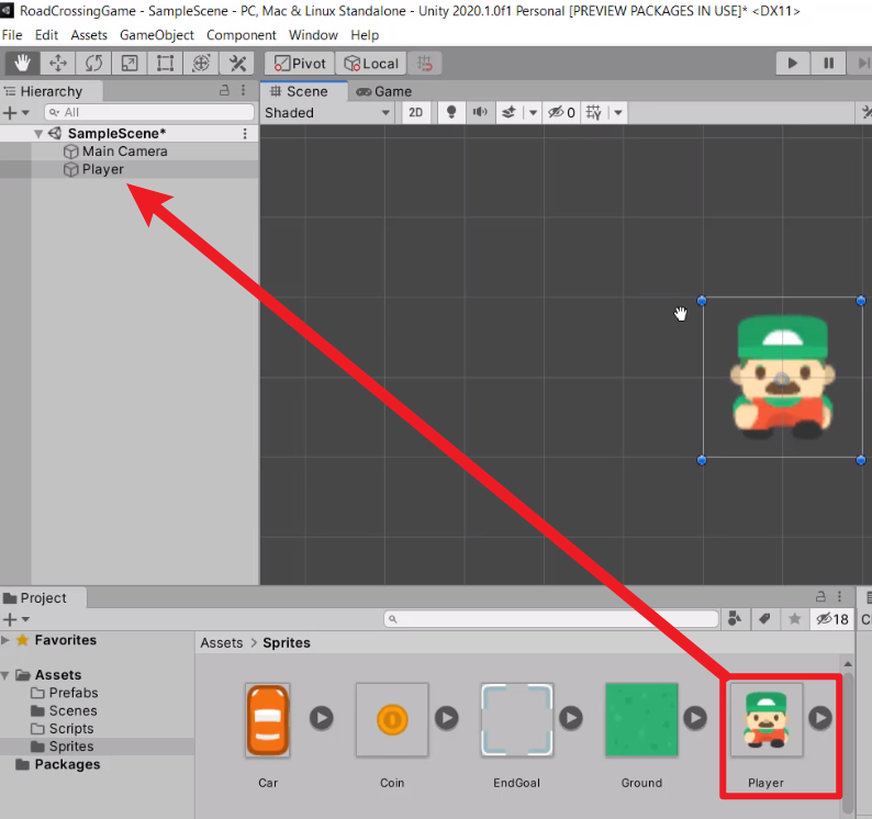 Player sprite added to Unity Hierarchy