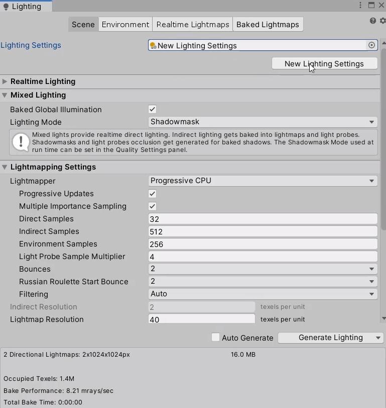 Unity Mixed Lighting and Lightmapping Settings in Unity Inspector