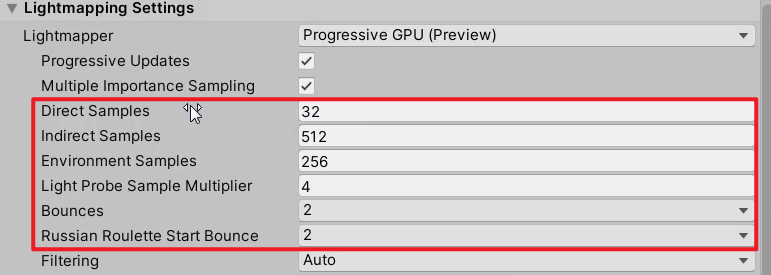 Unity Inspector various Lightmapping Settings