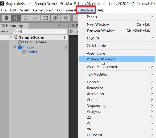 Window menu in Unity with Package Manager selected