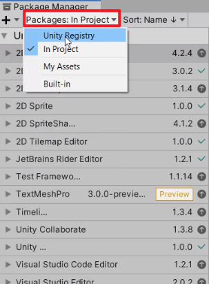 Unity Package Manager with Unity Registry option selected