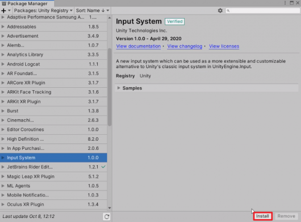 Input System package in the Unity Package Manager