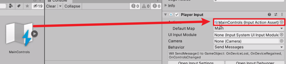 MainControls file being dragged from Assets to field in Player Input