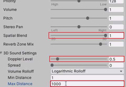 Unity Inspector showing various audio settings for spatial blend, doppler level, and max distance