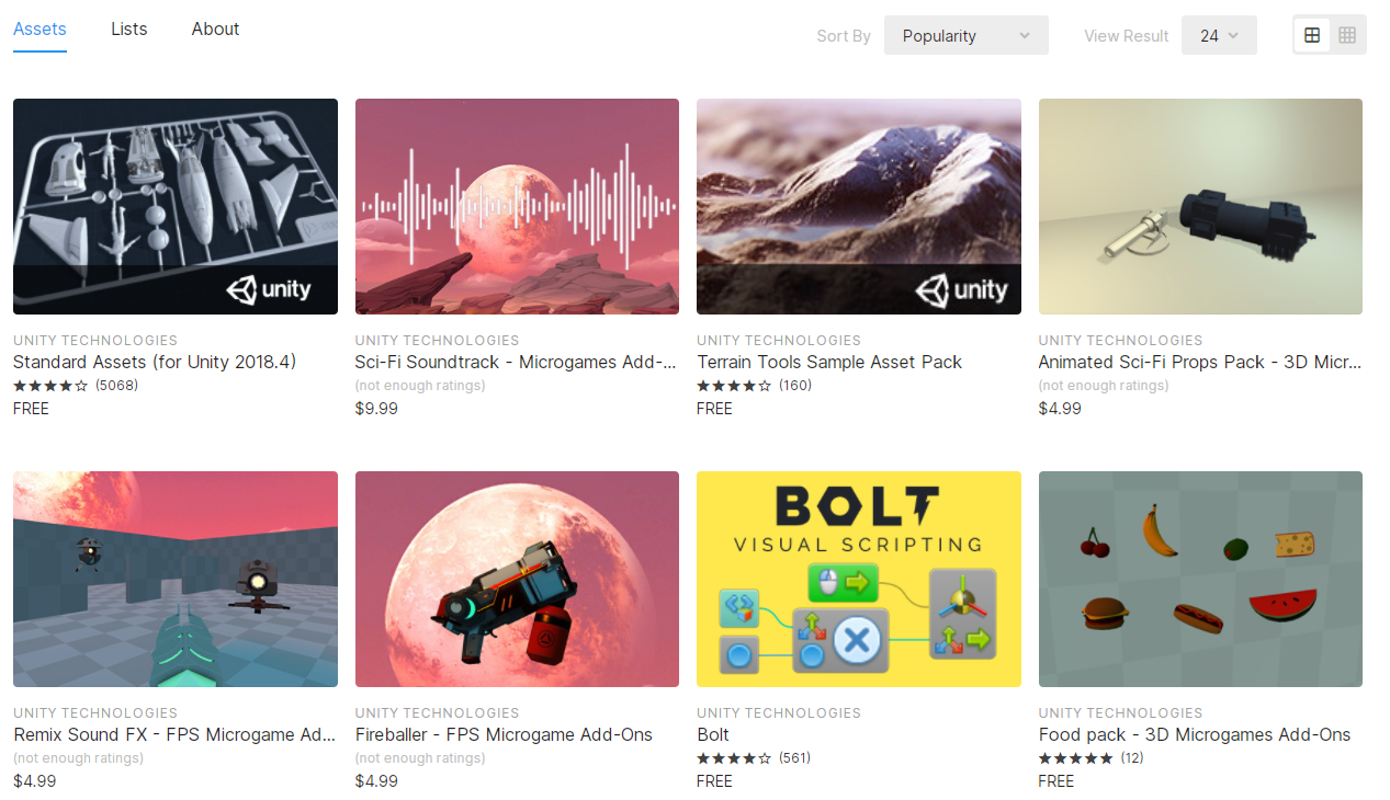 Screenshot of the Unity Asset store showing Unity developed assets