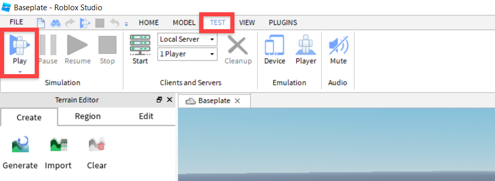 roblox studio test tab play button