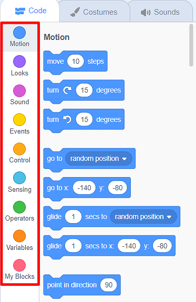 Block palette in Scratch