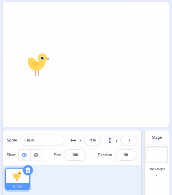 A chick sprite in Scratch