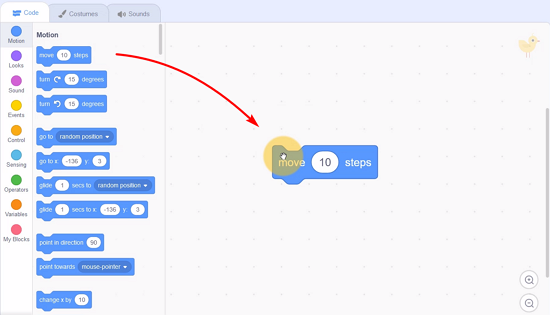 Adding a code block to the workspace in Scratch