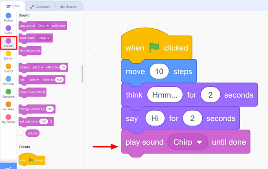 Adding Sound blocks in Scratch