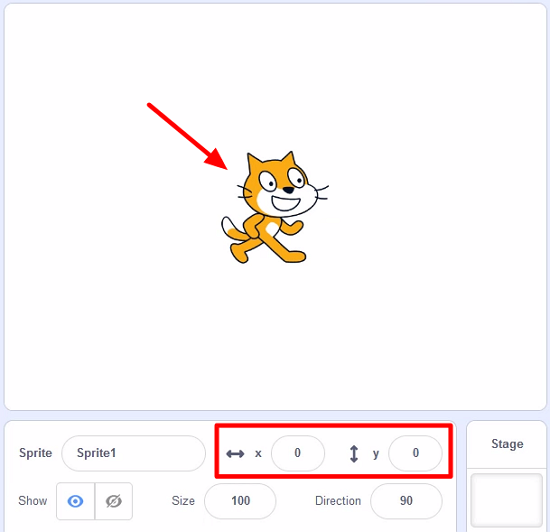 Cat sprite located at origin in Scratch