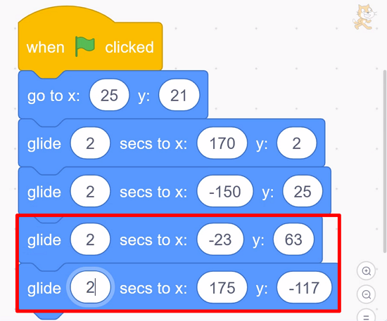 Final code for our cat animation in Scratch