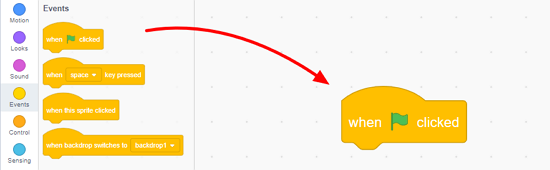 Adding 'when green flag is clicked' Block to the Code