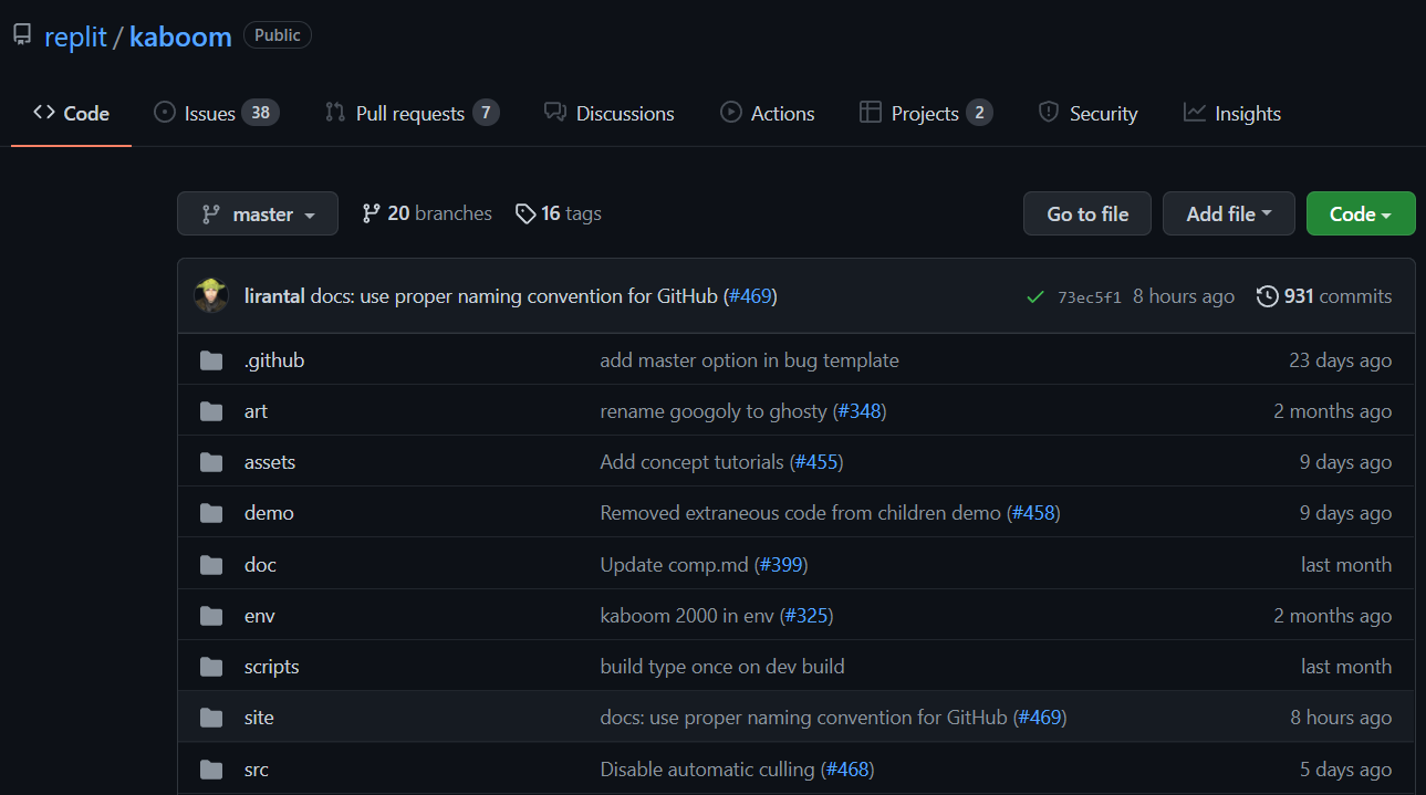 Screenshot of the Kaboom.js GitHub page