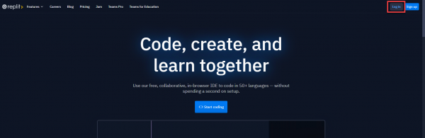 Screenshot of replit home page with Log In button circled.