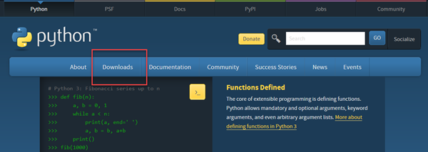 Screenshot of the Python website with Downloads highlighted