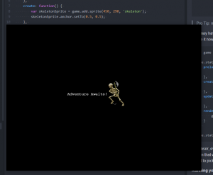 New Phaser game with Skeleton and "Adventure Awaits" message