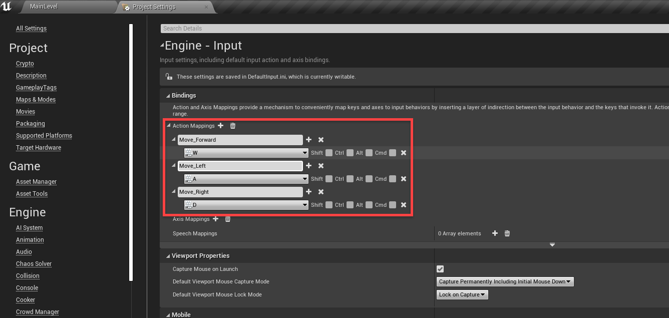 Unreal Engine Project Settings window