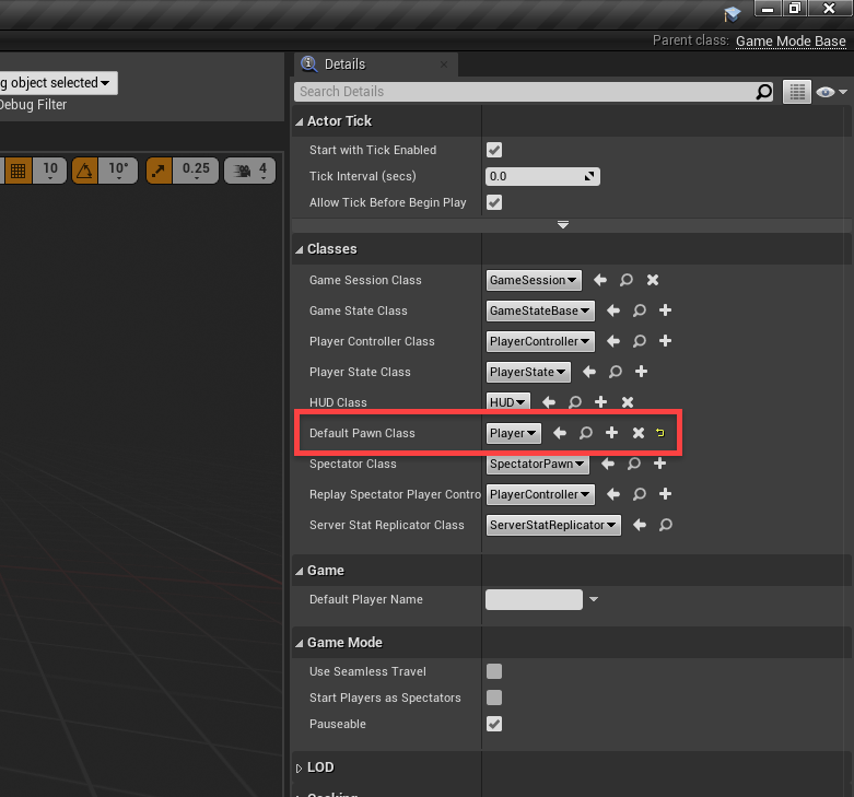 Unreal Engine with Default Pawn Class set to Player